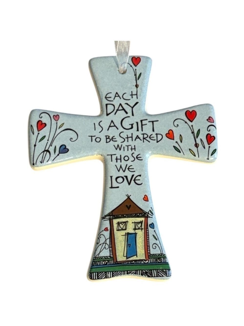 Mardel Decorative Cross “Each Day Is A Gift To Be Shared” Ceramic Blue Multi 5”L